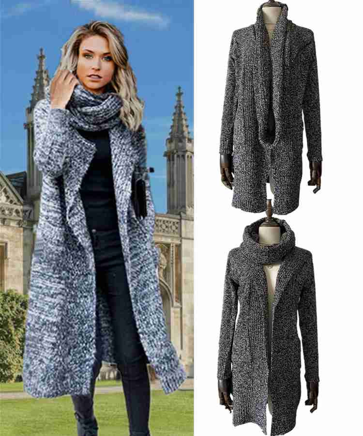 Comercio exterior Otoño e Invierno Amazon prendas de punto de color sólido europeo y americano Delgado doble bolsillo bufanda de una sola pieza suéter cardigan abrigo para las mujeres