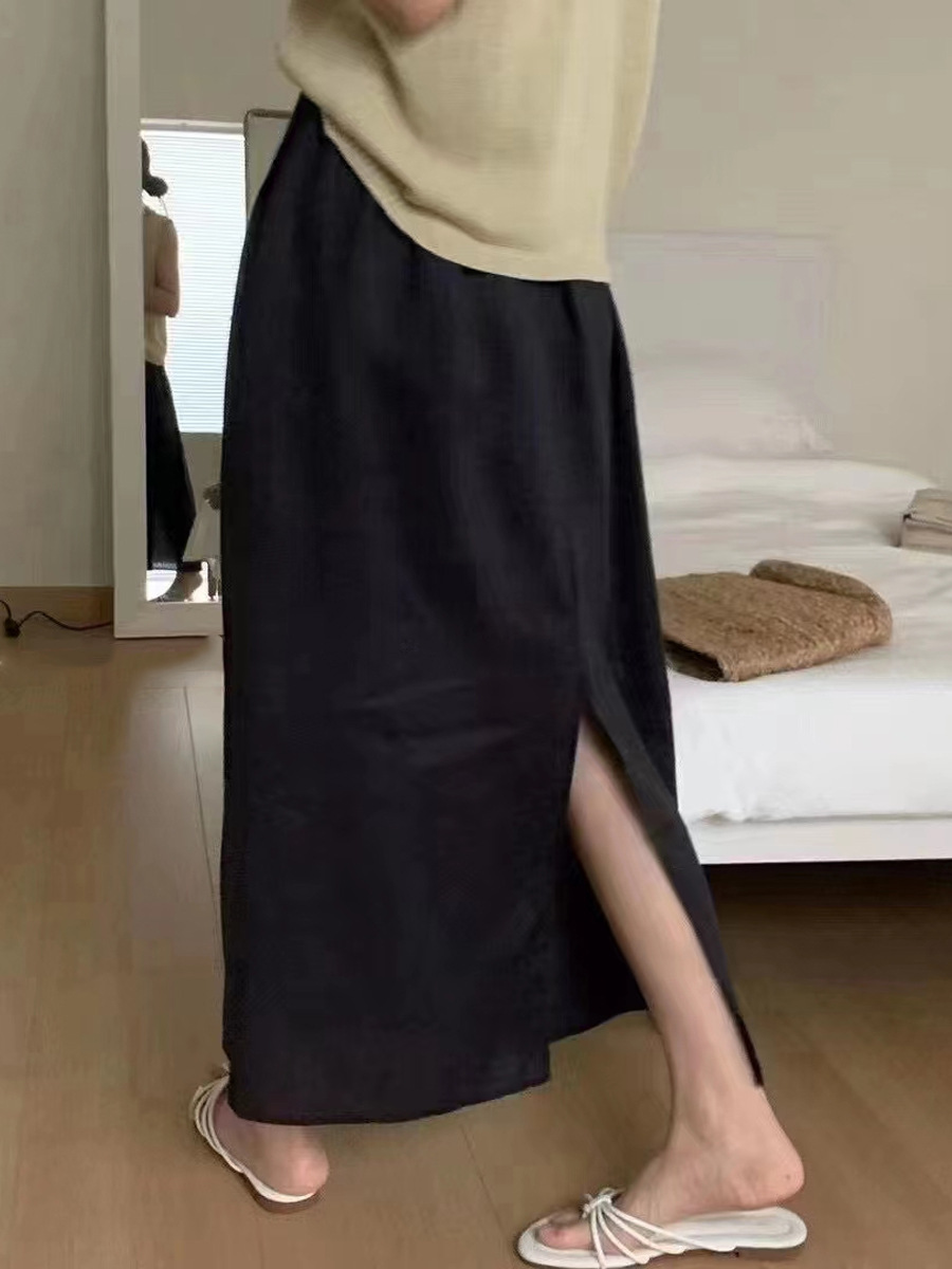 Chân váy chữ A dáng dài vải lanh eo thun thoải mái mùa hè — Màu đen, Màu cà phê, Màu cam, Xanh Lông Công chi tiết 1