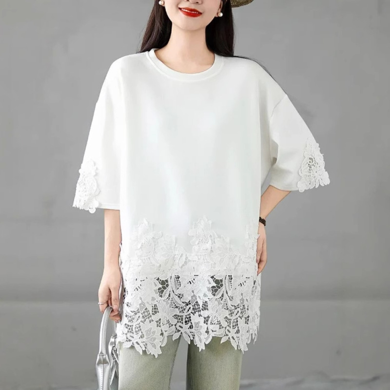 Summer High-end Casual T-shirt Women's Plus Size 150.00kg Lace Stitching Short-sleeved Mid-length Top Summer High-end Casual T-shirt Women's Plus Size 150.00kg Lace Stitching Short-sleeved Mid-length Top