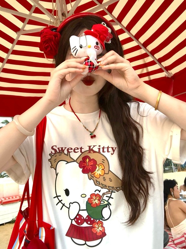 日本の夏の新しいハローキティプリント半袖Tシャツハローキティ純綿半袖Tシャツ婦人服|undefined