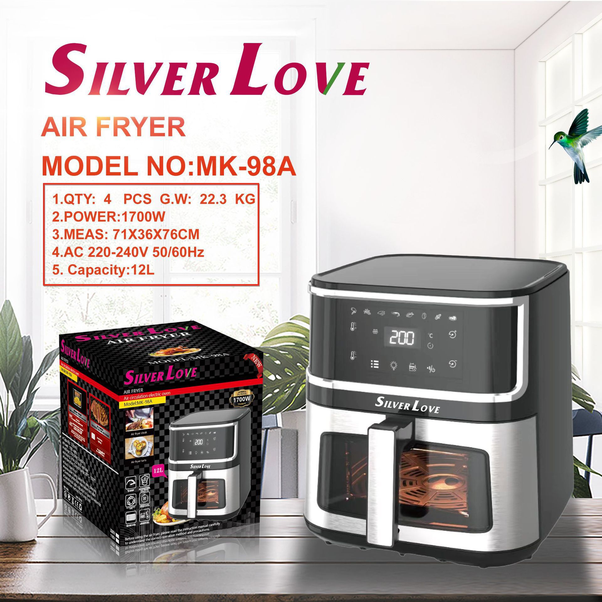 Foreign Trade Export 1700W High-Power Air Fryer 12L Large-Capacity Smart Touch Household Visual Electric Fryer
