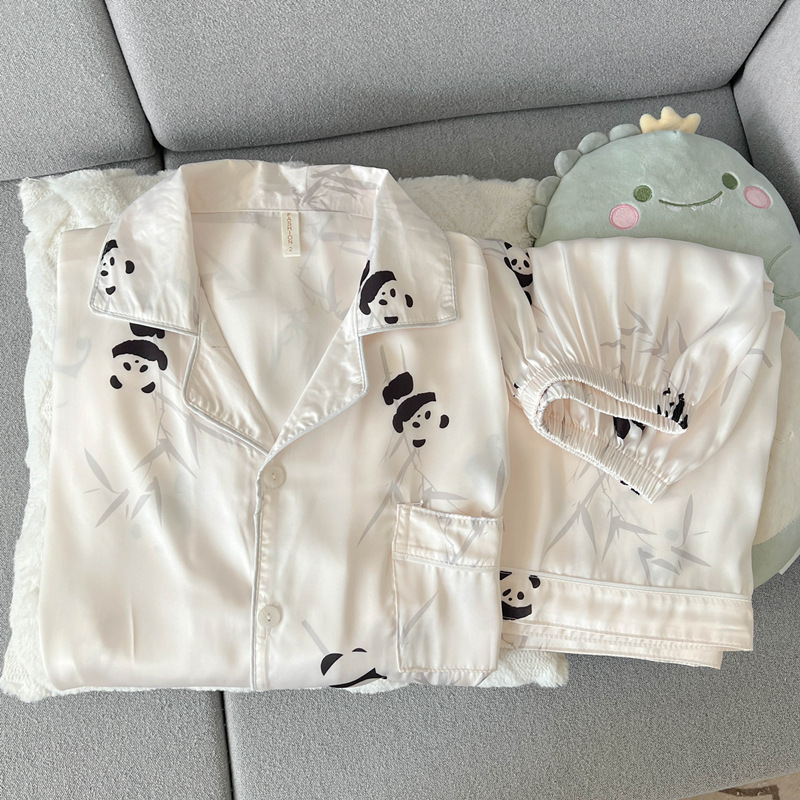 Panda de alto nivel pareja pijama de mujer de verano manga corta lindo estudiante seda real hombre conjunto de ropa de hogar