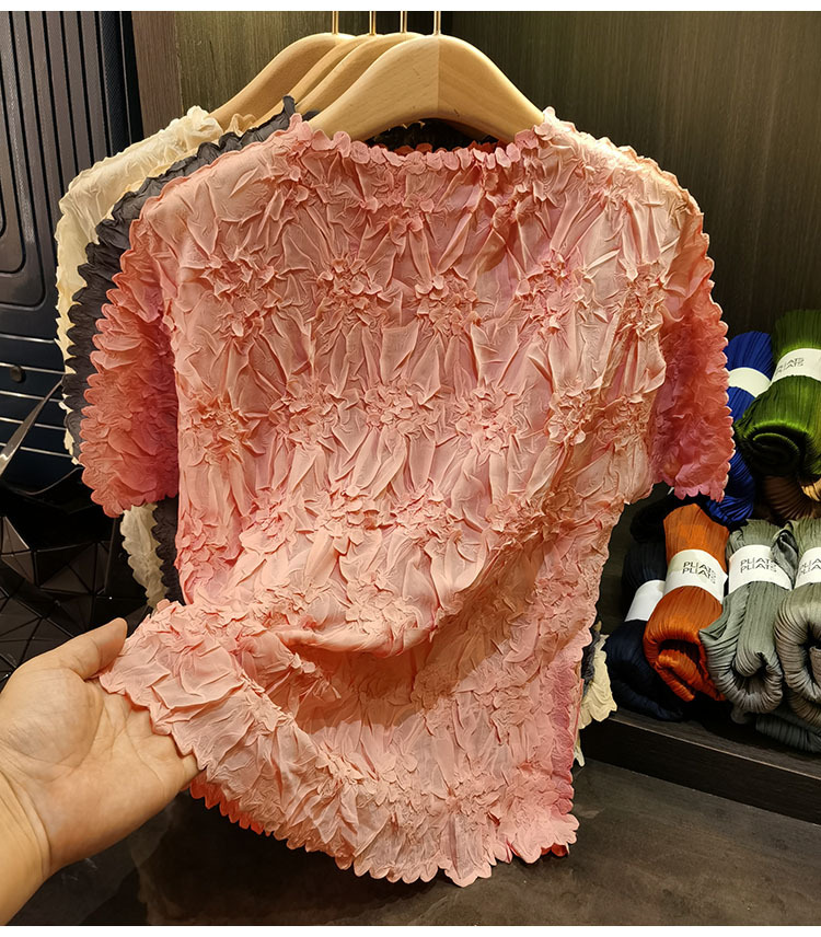 Áo thun nữ tay ngắn cổ tròn chất liệu cotton dập nổi hoa văn nổi cao cấp — Màu đen, Màu đào, Màu trắng, Màu xám chi tiết 28