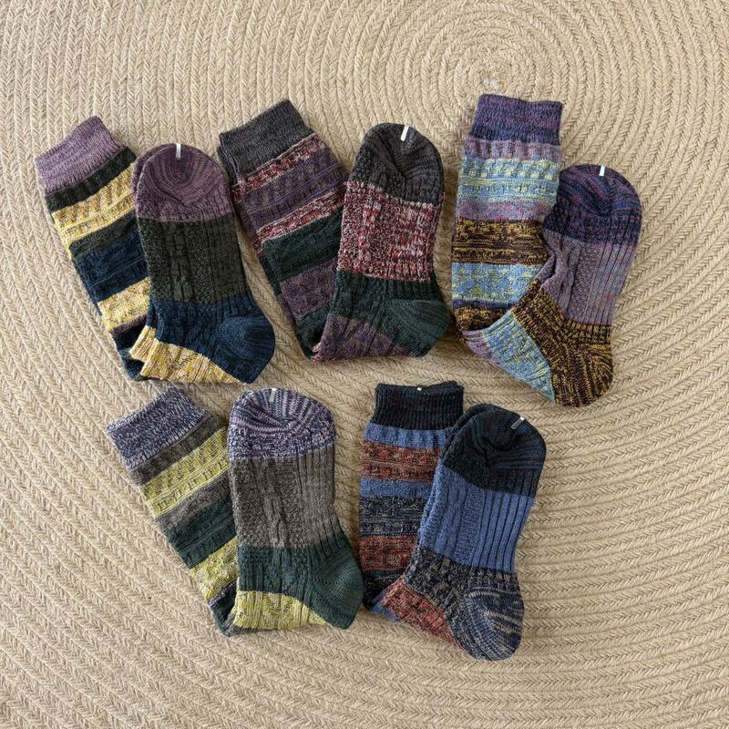 Cotton and Linen Blend Warm Women's One-Size-Fits-All Mid-Tube Mixed Pack Bulk Color-Blocked Wool Slouch Socks for Warm Winter