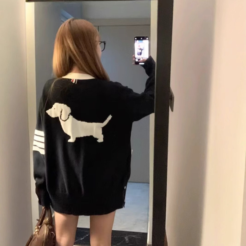 Tb Four-Bar Jacquard V-Neck Knit Cardigan with Dog Print on the Back, Unisex Jacket, New Style Top, Tb Dog Print Cardigan