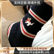 秋冬韩系insAB不对称撞色围脖条纹小狗中筒袜女英文学院风堆堆袜