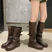 葡萄妈两个版本增高时髦新款皮带扣方圆头褶皱中筒骑士靴长靴女秋
