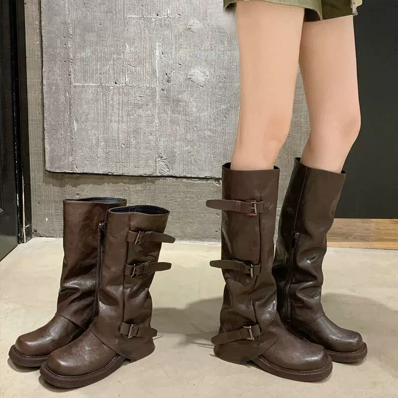 葡萄妈两个版本增高时髦新款皮带扣方圆头褶皱中筒骑士靴长靴女秋