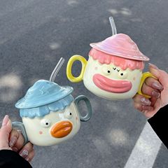 可愛吸管杯女生搞怪情侶水杯小眾兒童馬克杯帶蓋陶瓷杯子伴手禮