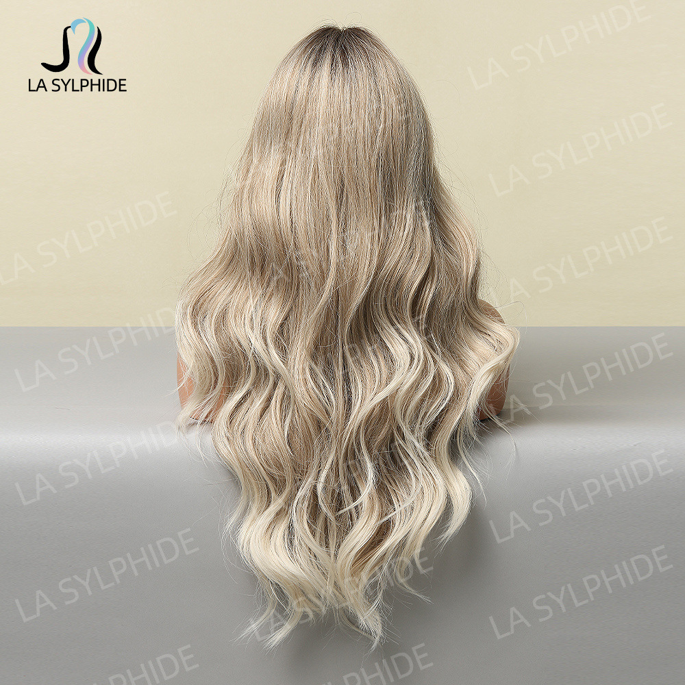 Peluca con ondas grandes, raya en medio, degradado gris ahumado a dorado, estilo europeo y americano, cabello sintético para mujer de TikTok, cabello largo y rizado para toda la cabeza, Meike Duo.