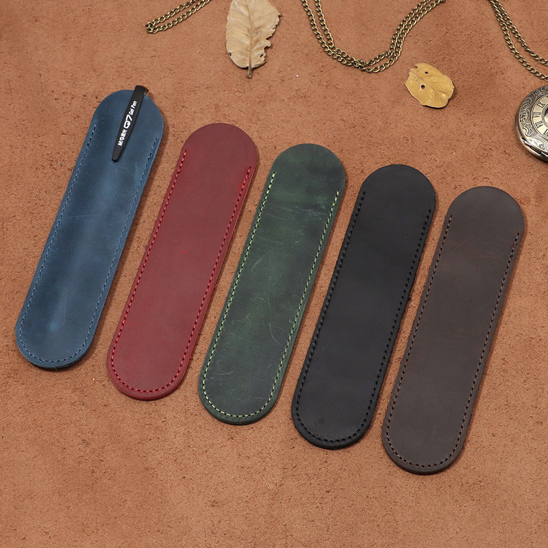 复古头层牛皮笔袋个性单支钢笔保护套手工车线真皮签字笔收纳袋