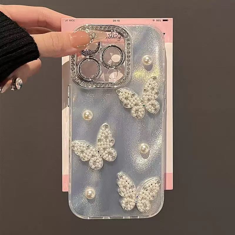 Ligero lujo ins tridimensional perla mariposa aplicable iphone15 funda para teléfono móvil 13/14 Apple 16ProMax pulsera mujer
