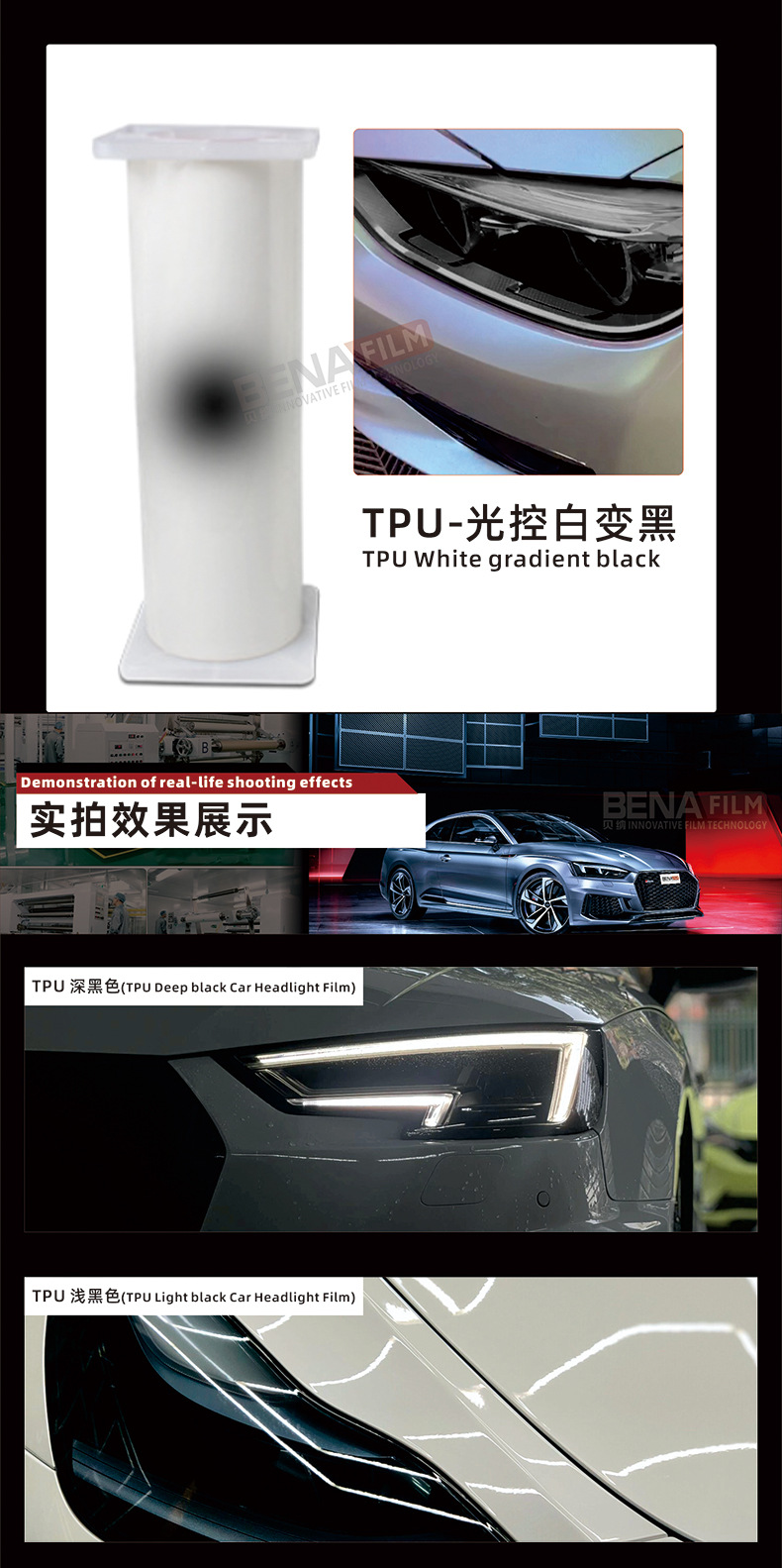 Car Light Film Tpu Light Film Transparent White to Black Self-Healing Anti-Scratch White to Purple Taillight Color Changing Car Film