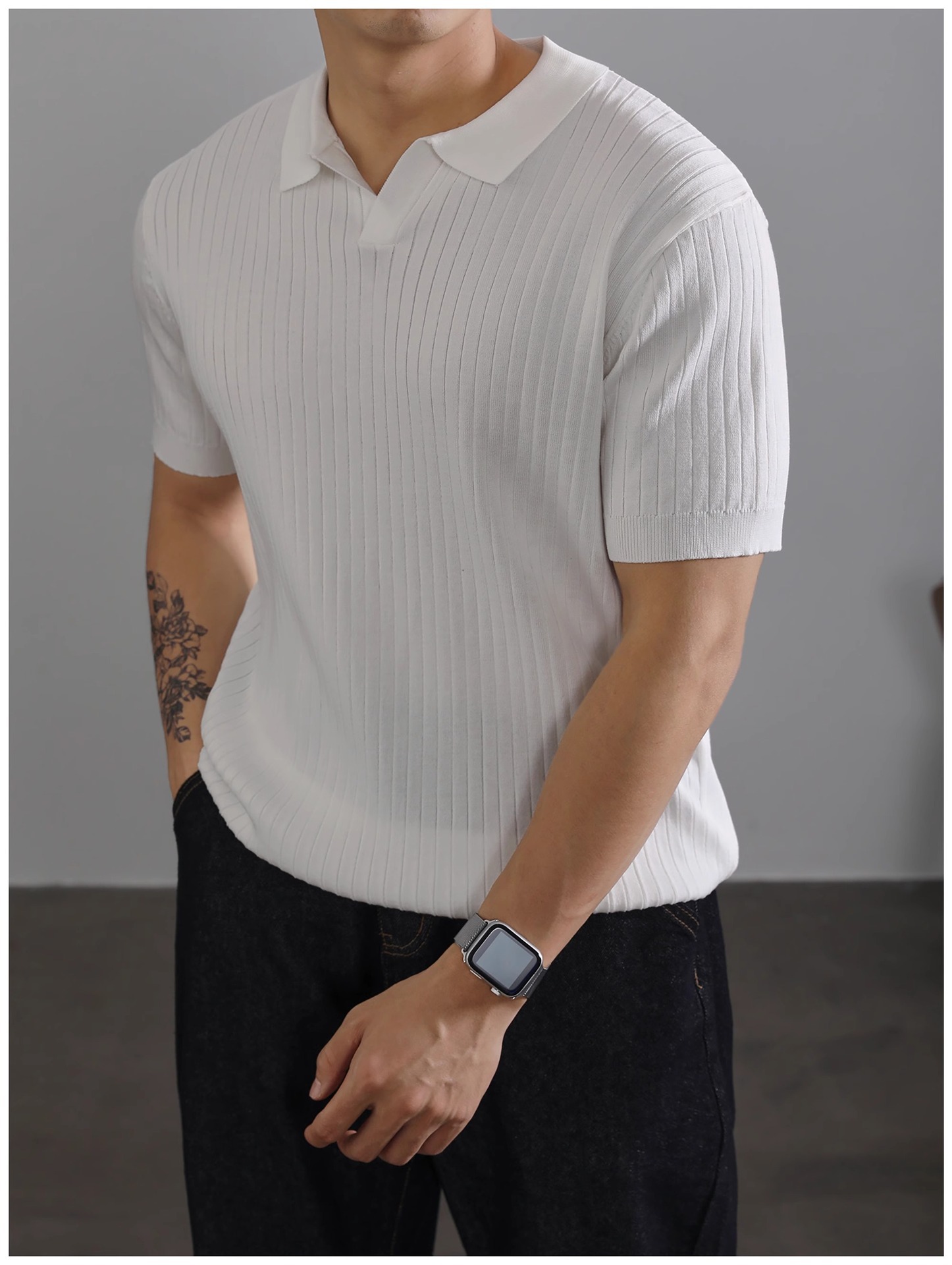Herren Polo Shirt Strick Kurzarm Gestreift Aus Eisseide_voghion.com