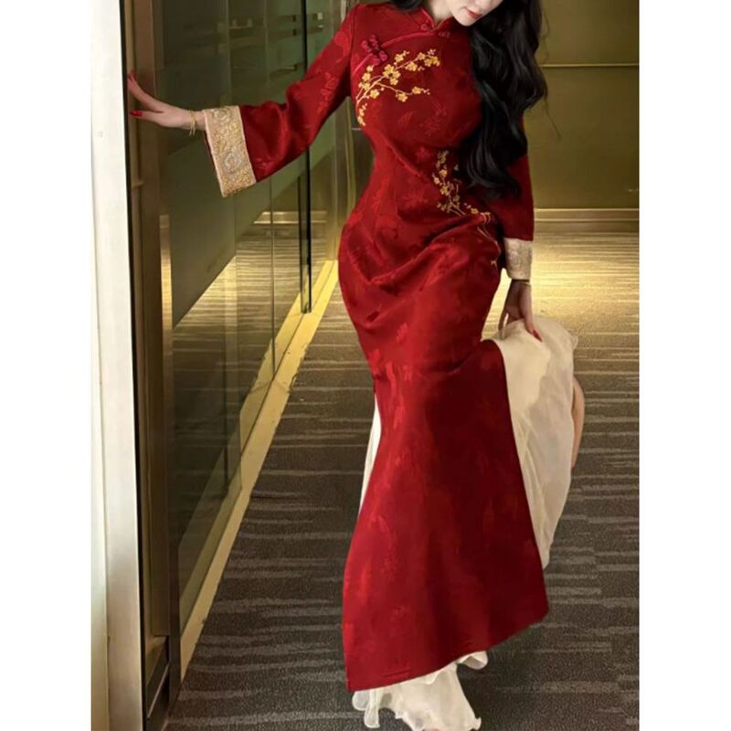 New Chinese-Style Red Qipao Winter Dress with High-End Embroidery, Engagement and New Year Formal Wear, Long-Sleeve Golden Plum Blossom Dress New Chinese-Style Red Qipao Winter Dress with High-End Embroidery, Engagement and New Year Formal Wear, Long-Sleeve Golden Plum Blossom Dress