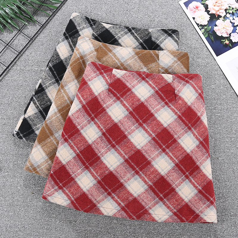Woolen Plaid Skirt Autumn and Winter Women's High Waist Joker Hip Skirt Anti-running Red Plaid Skirt Wholesale 8290