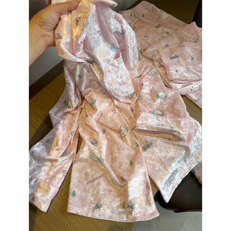 韩版少女金丝绒可爱小猫咪睡衣女秋季2025大码开衫长裤家居服套装|undefined