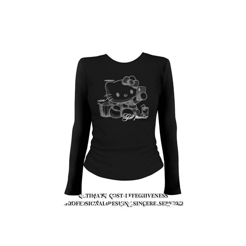 Black kitty cat print long-sleeve t-shirt for women, summer wear, American style, slim fit, cute top for trendy girls Black kitty cat print long-sleeve t-shirt for women, summer wear, American style, slim fit, cute top for trendy girls
