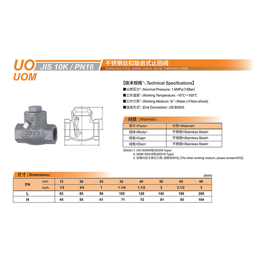 原装进口KITZ日本开滋北泽阀门  不锈钢丝扣旋启式止回阀UO