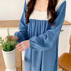 夏季韩版新款小蓝花花边方领双层棉纱宽松连衣裙睡裙家居服睡衣女
