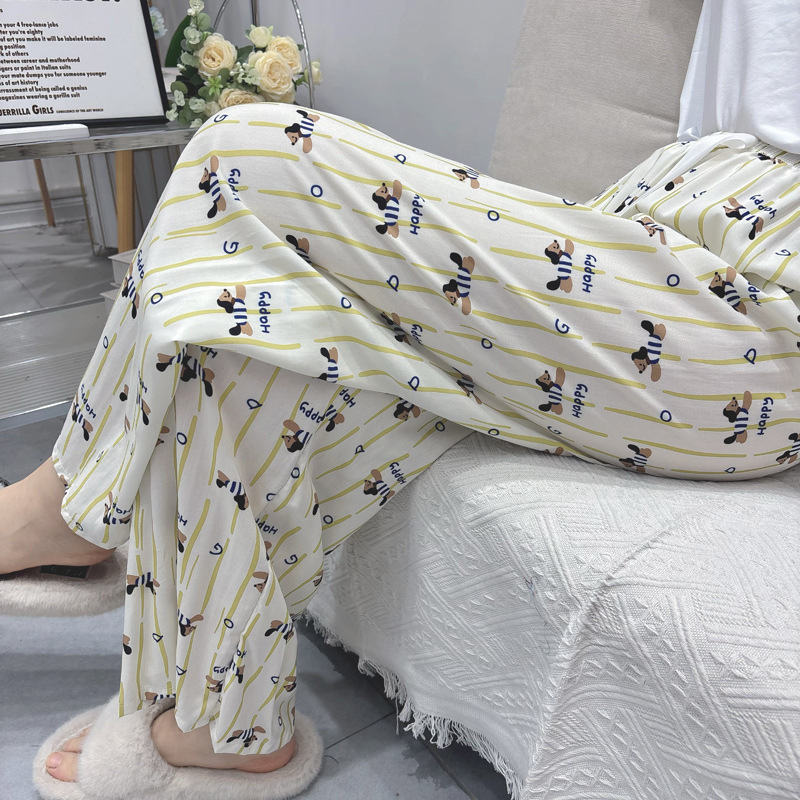 人造棉绸卡通印花薄款空调裤宽松遛弯裤垂坠感拖地长裤女|undefined