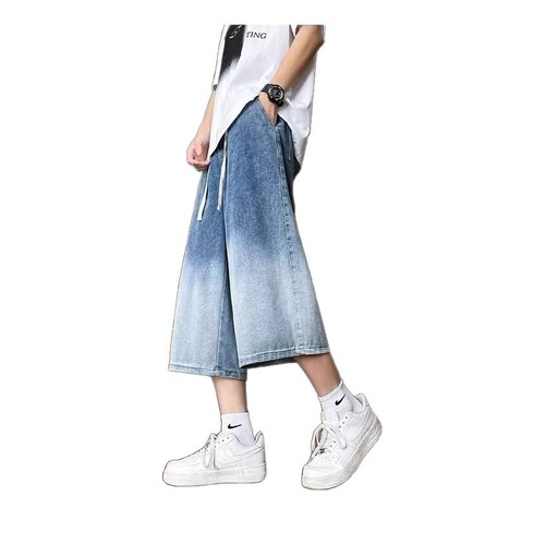 Black and gray denim capris men's summer thin loose straight over-the-knee shorts American retro washed wide-leg pants