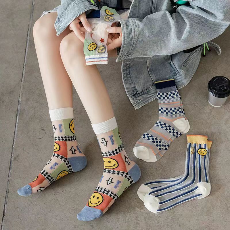 Socks Women's Summer Thin Cute Smiley Japanese Style All-match Glass Silk Crystal Socks Cass Breathable Stockings