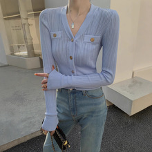 女神范短款V领打底针织衫女装2025秋装新款修身内搭开衫上衣潮ins