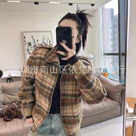 深圳南油高端女装欧美美拉德复古格纹文艺宽松百搭保暖夹克外套女