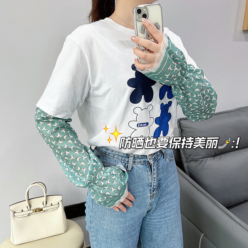 Verano estilo coreano ligero transpirable overse manga de encaje de las mujeres protección solar fresca manga de hielo satinado protección del brazo de conducción al aire libre al por mayor