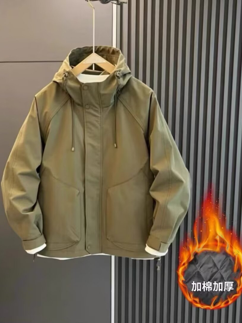 Men's Autumn and Winter Cotton Jacket, Men's Jacket, American Fashion Brand Pure Color Hooded Casual Loose Velvet Jacket