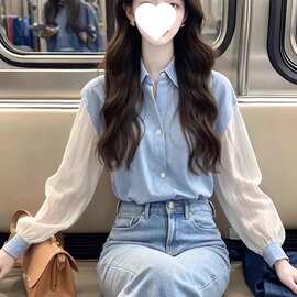 早春韩系轻熟气质冷淡系感别致小上衣法式蓝色长袖衬衫女
