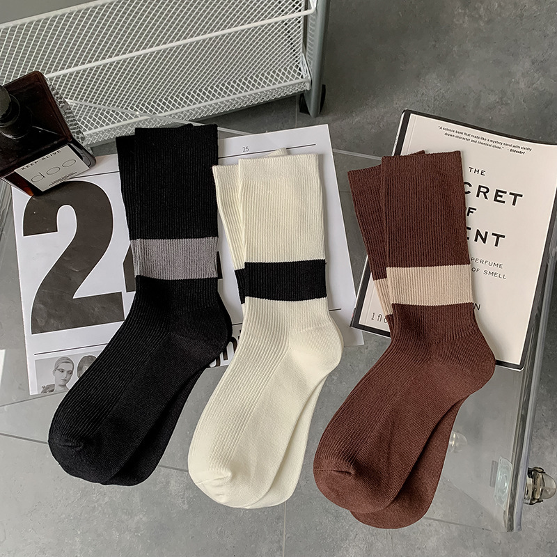 Autumn and Winter new color matching double needle tide socks South Korea Internet celebrity combed cotton stockings high quality independent packaging women's socks