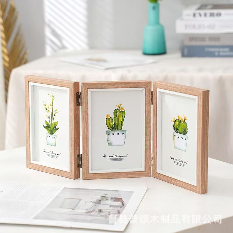 Creative One-Piece Combination Folding Photo Frame Triple 6inch 7inch Wooden 70% off Photo Frame Desktop Table Photo Frame