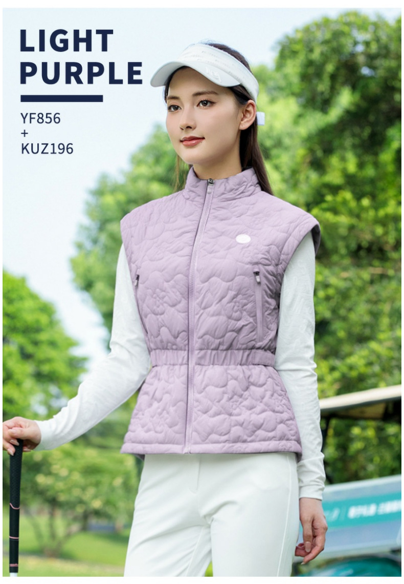Áo vest khoác nữ thể thao golf chần bông cổ đứng khóa kéo — Áo vest trắng [eo có thể điều chỉnh/cổ áo đứng có khóa kéo/lót chần bông] YF856 chi tiết 13
