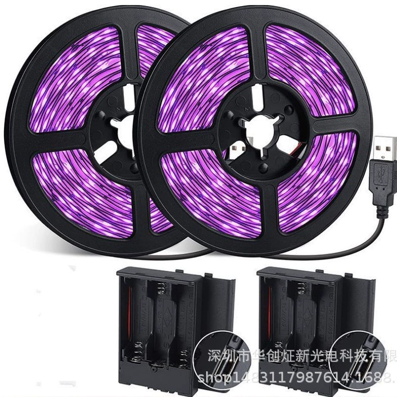 UV LED light strip, 5 V, 395–400 nm (UV purple), 1–3 m, optional black battery case
