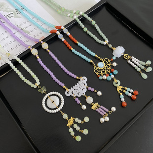 Children's Horse-faced Skirt Accessories Wreaths Glazed Tassel Antique Hanfu Necklace Handmade All-match Jade Beads Neck Chain