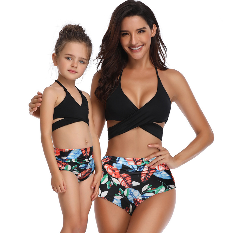 Parent-child Printed High-waist Bikini Ruffled Mother And Daughter Swimwear