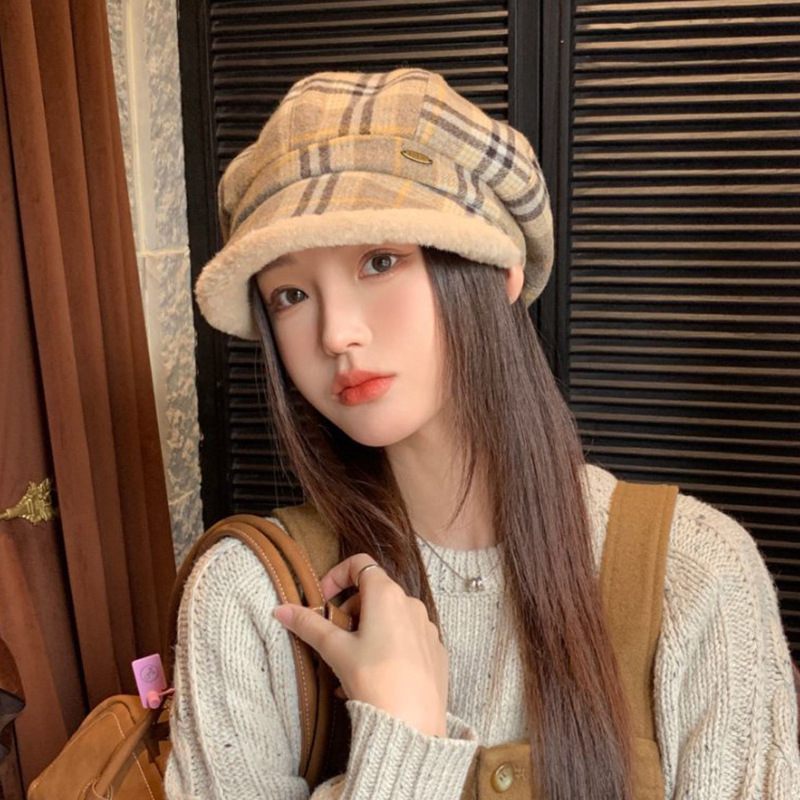 复古格子毛绒八角帽子女秋冬季文艺百搭保暖八角帽显脸小渔夫帽子|undefined