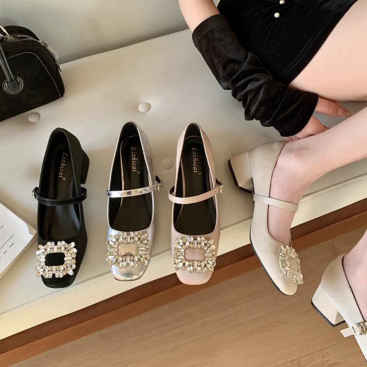 Женские туфли 2025 года, новые французские квадратные туфли с камнями, вечерние туфли, туфли Мэри Джейн, универсальная обувь