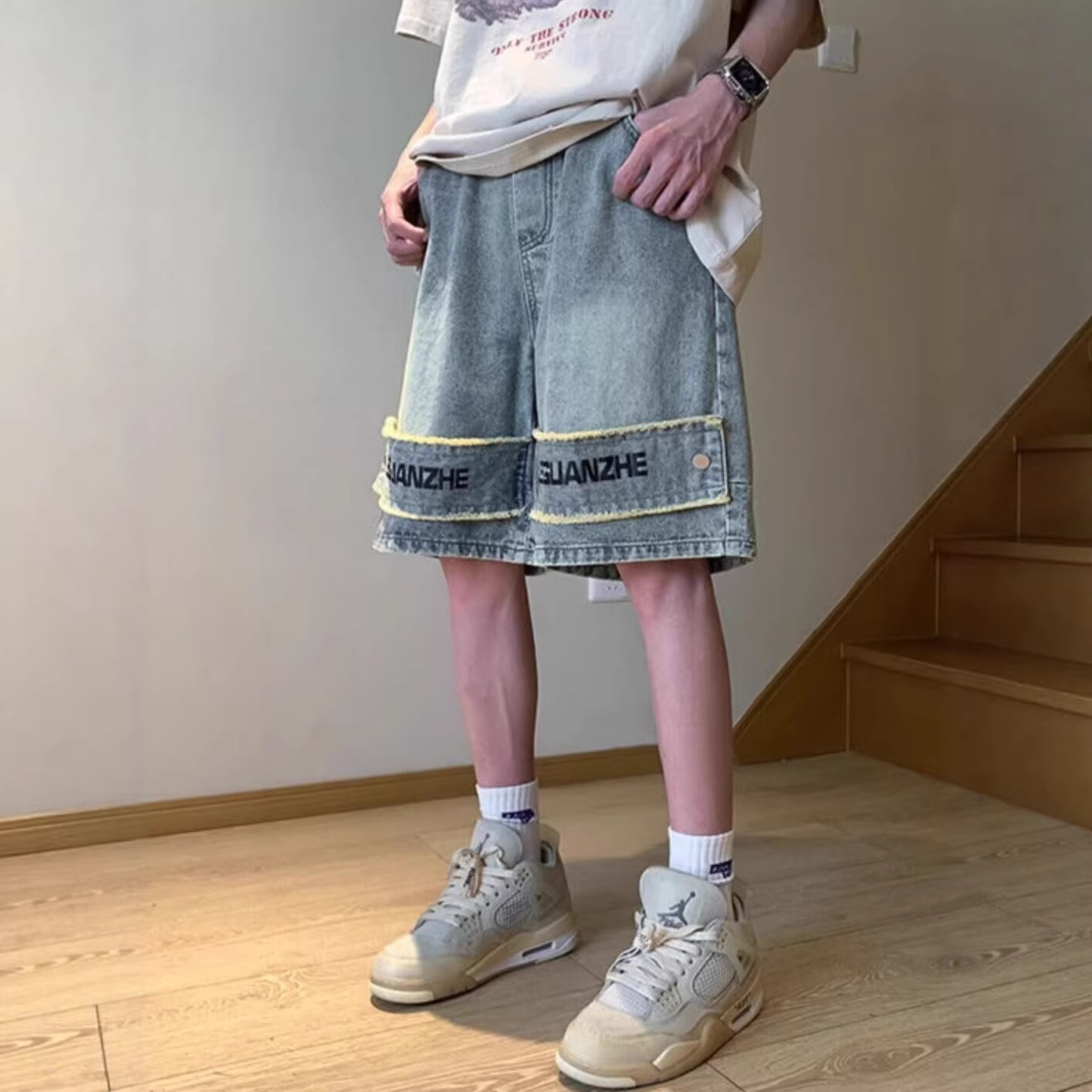 Men's Style Washed Distressed Denim Shorts Niche Design High Street Muddy Wide Leg Straight Leg Five Point Pants_mkmklike.com