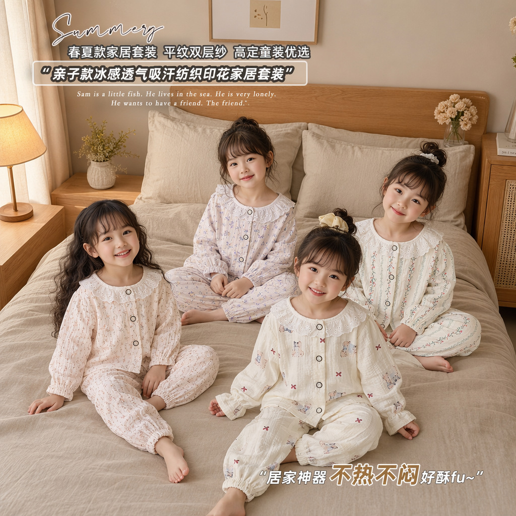 Long-sleeved two-piece pajamas, loungewear, air-conditioned clothing, children's cardigan, children's clothing, lace trim, baby spring and summer doll collar