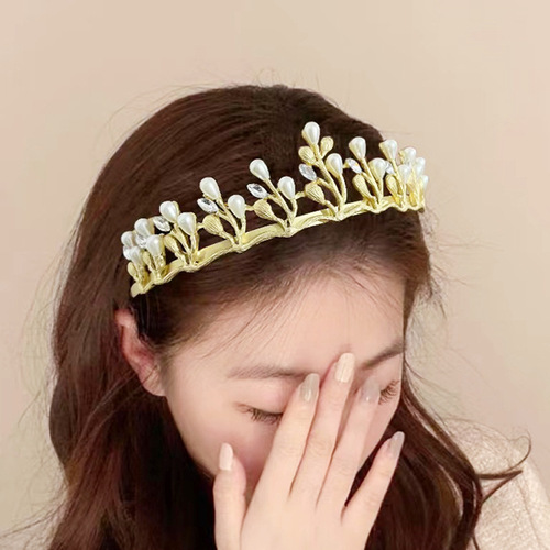 韩式新娘仿珍珠皇冠结婚头饰婚纱礼服配饰金银色发箍式皇冠发饰