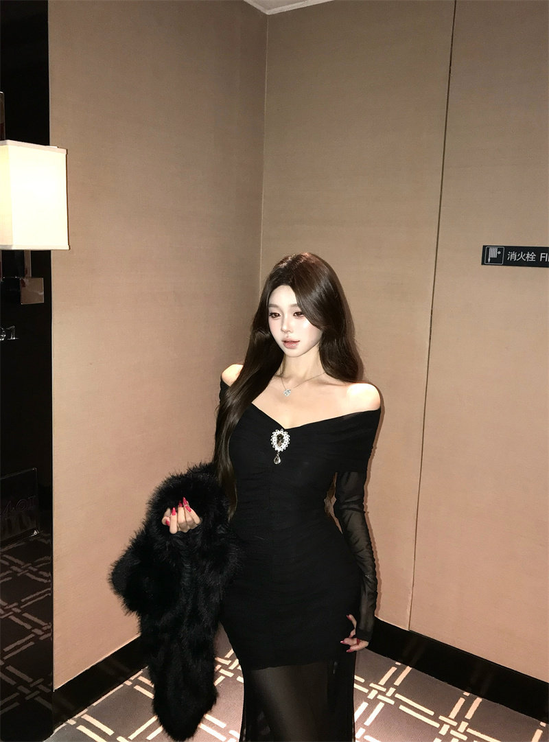 High Sense Royal Sister Style Temperament Slim Mesh Yarn One-word Shoulder Long Sleeve Dress Women's 2026 New Dress Hip Wrap Skirt_ecoleips.com