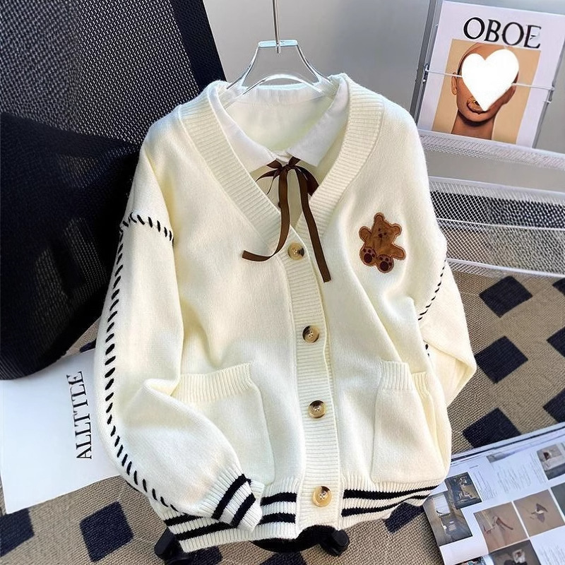 Oso perezoso suéter cardigan mujeres otoño estilo universitario nicho con cuello en V suéter estilo japonés suave glutinoso más tamaño abrigo grueso image 3