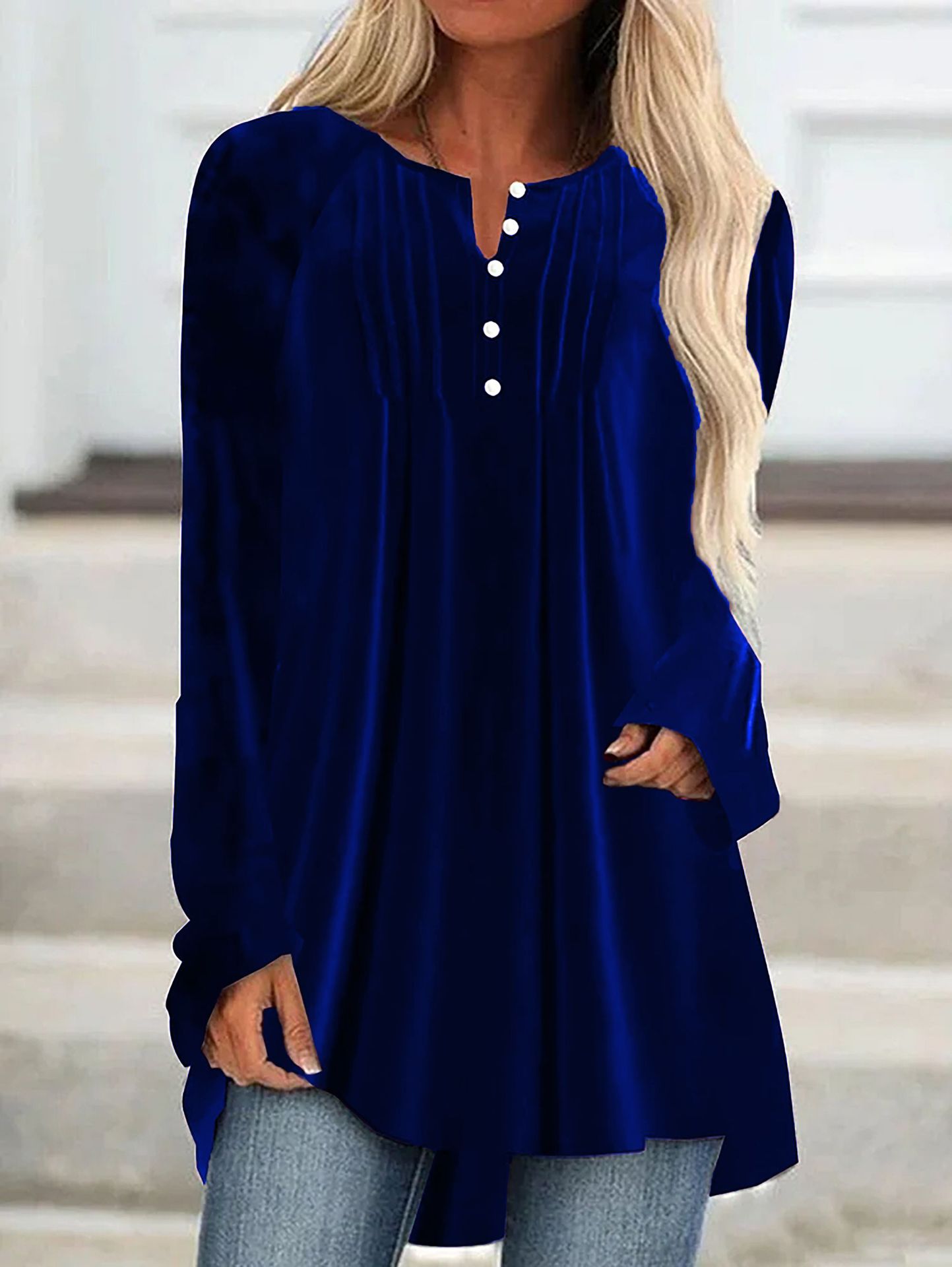2026 European American Women's Fashion Autumn New V-neck Buttoned Velvet Long-sleeve Shirt With Chest Pleats And_ecoleips.com