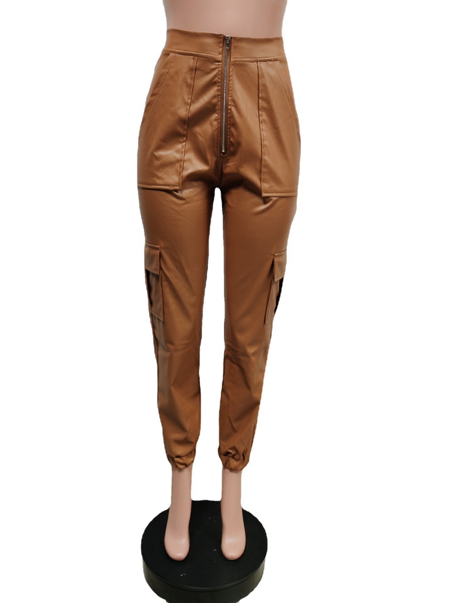 455g Weight Full Length Pants Length Pu Fabric Type Mid Waist Waist Line Jogger Pants Pants Type Micro-Elastic Elasticity Casual Occasion Regular Fit Fit Type Solid Color Pattern Spring, Autumn Season Women's Gender Zipper Design Streetwear Style Women's Casual Streetwear Solid Color Full Length Zipper Jogger Pants 28