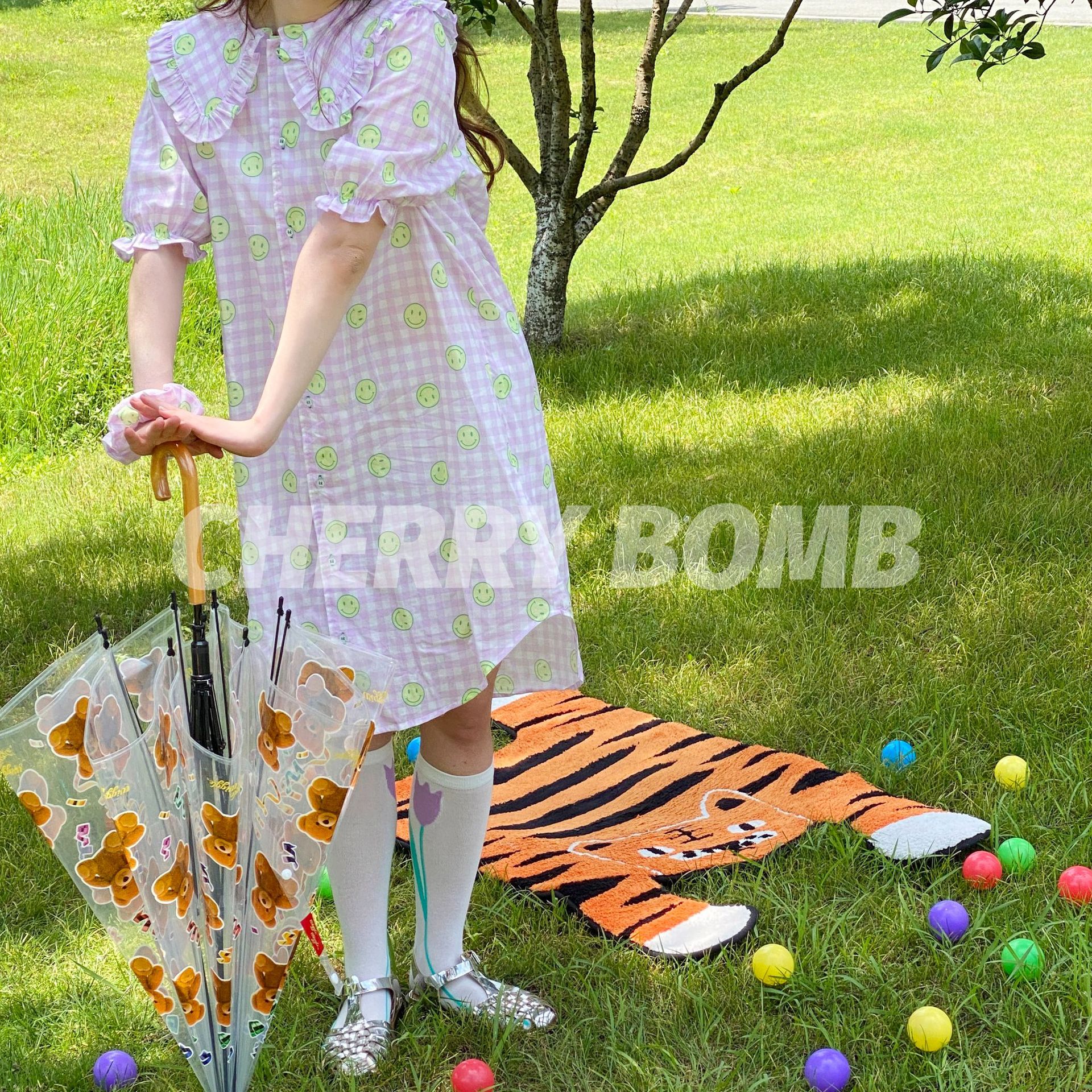 桃弹格纹笑脸系列 短袖睡裙2021夏季新款睡衣居家服可爱韩国休闲