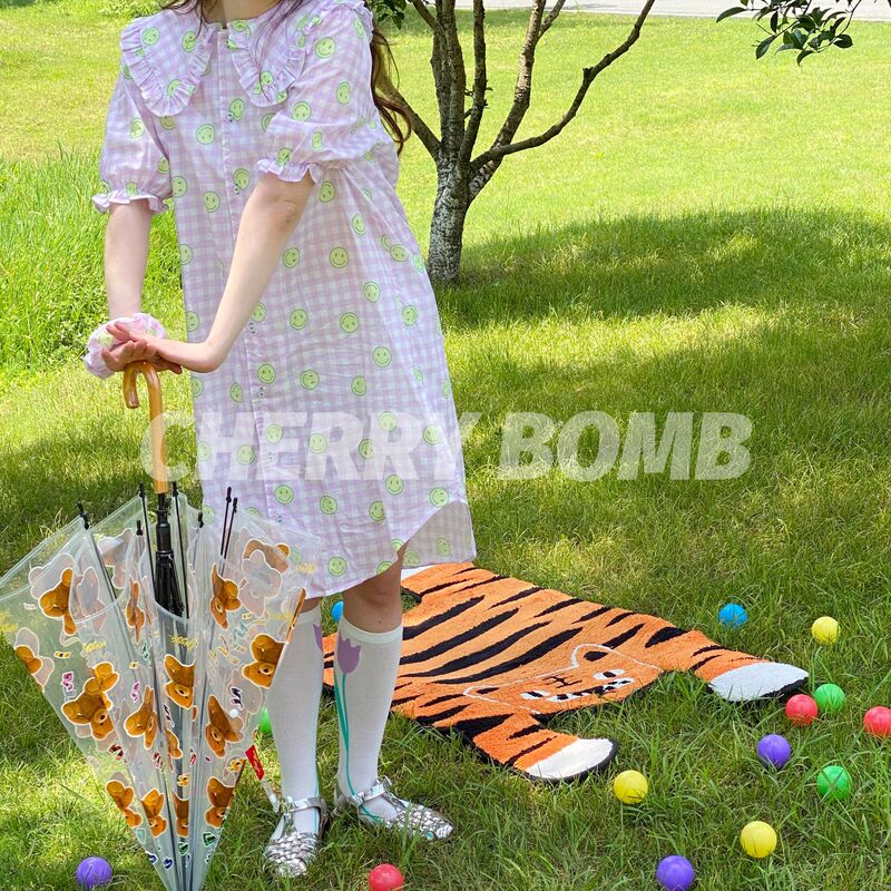 Peach Plaid Smiley Series Short-sleeved Nightdress 2021 Summer New Pajamas Home Clothes Cute Korean Casual