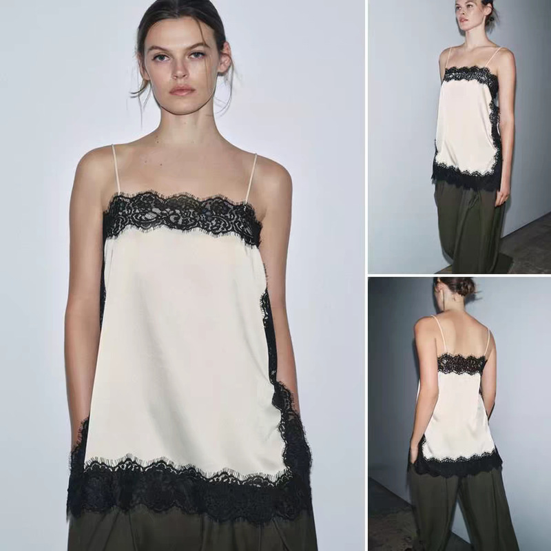 Lace Patchwork Skirt for Women, French Style Lazy Satin Camisole Top, Loose Slimming Sleeveless Acetate Two-Piece Set Lace Patchwork Skirt for Women, French Style Lazy Satin Camisole Top, Loose Slimming Sleeveless Acetate Two-Piece Set